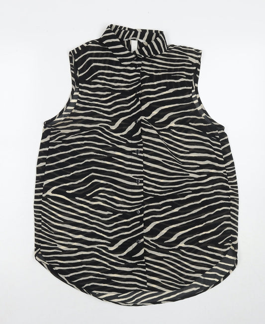H&M Womens Black Animal Print Polyester Basic Button-Up Size 10 Collared - Zebra Print