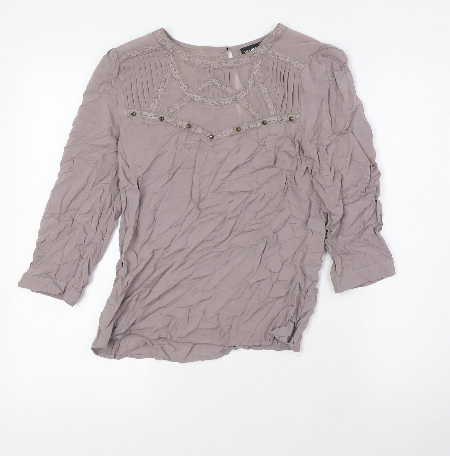 Warehouse Womens Beige Polyester Basic Blouse Size 8 Round Neck - Lace Detail