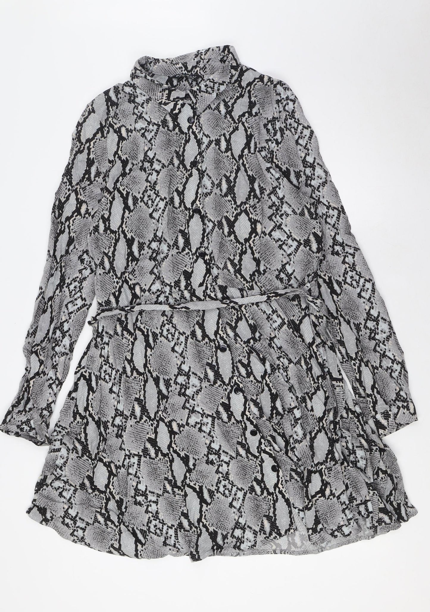Select Womens Grey Animal Print Viscose A-Line Size 16 Collared Button - Belted