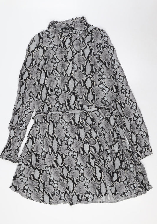 Select Womens Grey Animal Print Viscose A-Line Size 16 Collared Button - Belted
