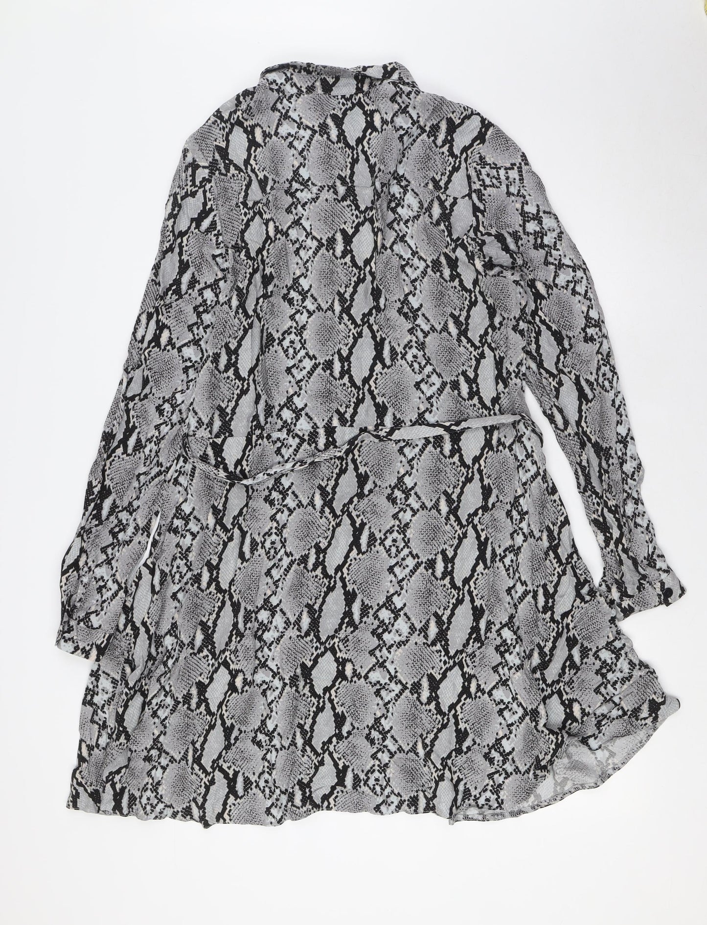 Select Womens Grey Animal Print Viscose A-Line Size 16 Collared Button - Belted