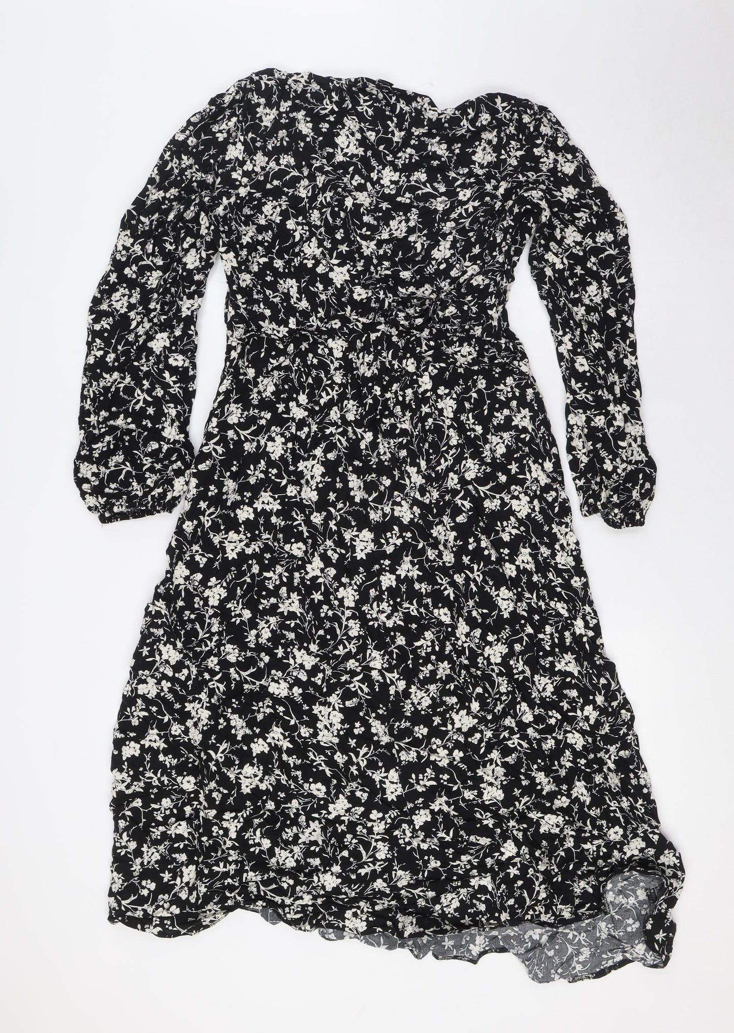 New Look Womens Black Floral Viscose A-Line Size 16 Scoop Neck Zip