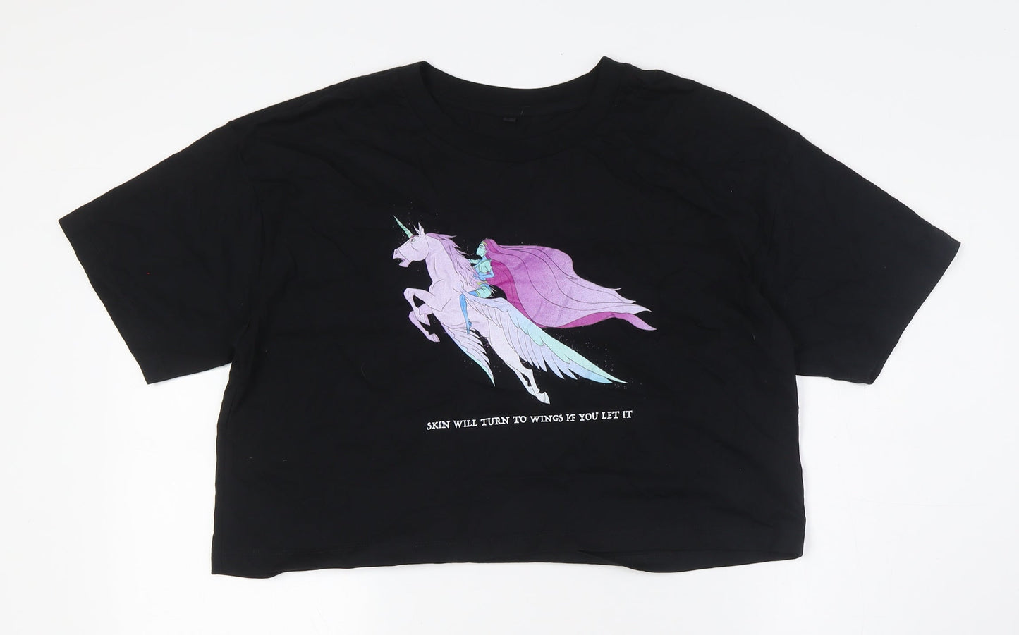 Earth Positive Womens Black Cotton Basic T-Shirt Size L Crew Neck - Unicorn