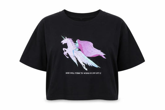 Earth Positive Womens Black Cotton Basic T-Shirt Size L Crew Neck - Unicorn