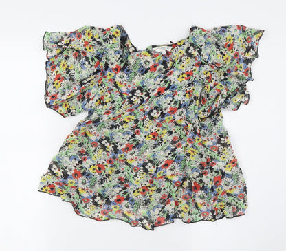 New London Womens Multicoloured Floral Viscose Basic Button-Up Size 8 Round Neck