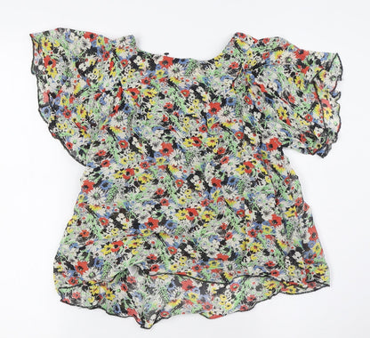 New London Womens Multicoloured Floral Viscose Basic Button-Up Size 8 Round Neck
