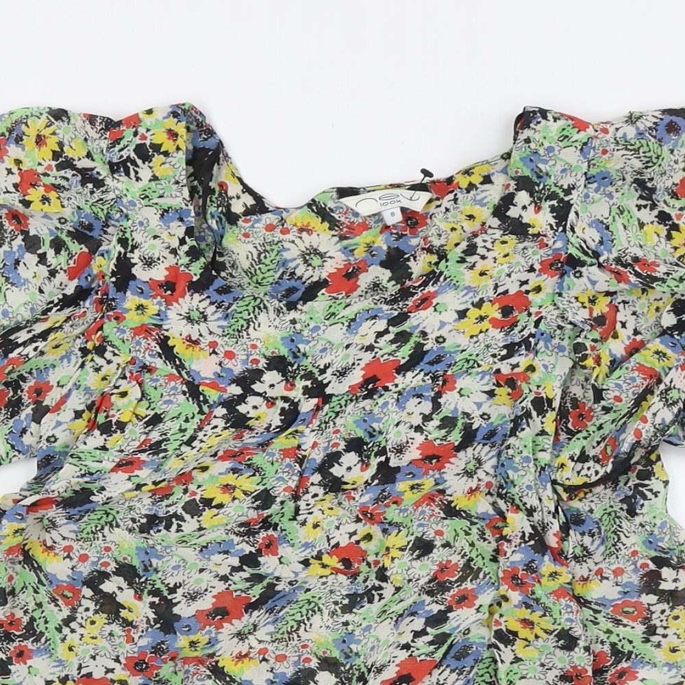 New London Womens Multicoloured Floral Viscose Basic Button-Up Size 8 Round Neck