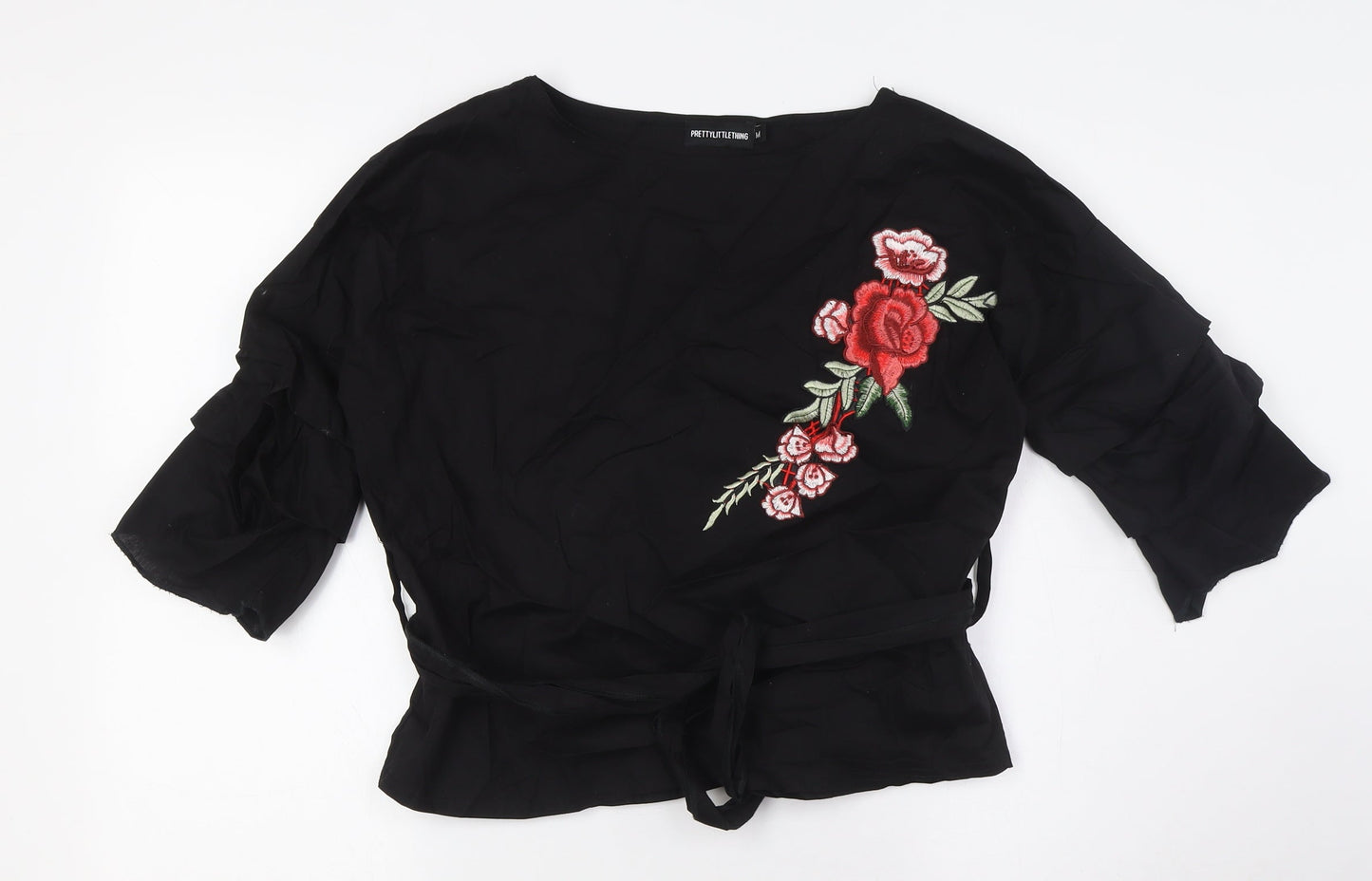 PRETTYLITTLETHING Womens Black Cotton Basic Button-Up Size M Boat Neck - Floral Embellished