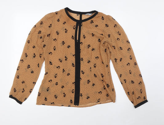 Marks and Spencer Womens Brown Floral Polyester Basic Button-Up Size 10 Round Neck