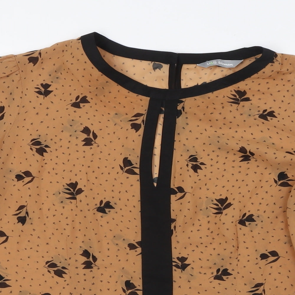 Marks and Spencer Womens Brown Floral Polyester Basic Button-Up Size 10 Round Neck