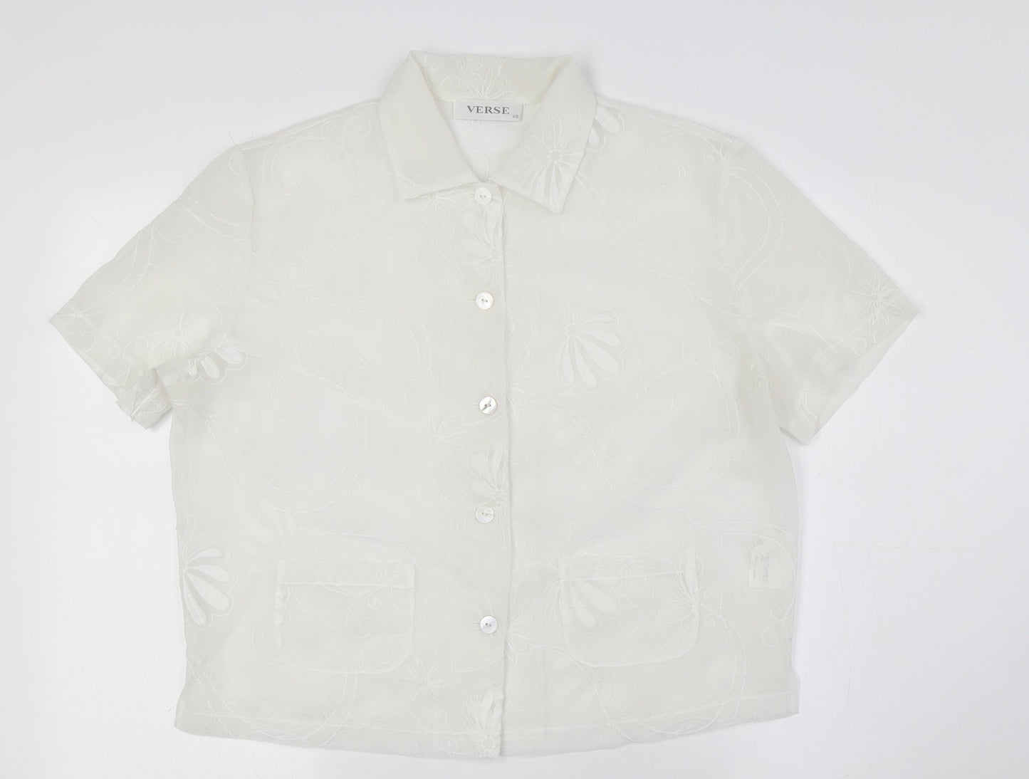 Verse Womens Ivory Polyester Basic Button-Up Size 12 Collared - Sheer, Pockets