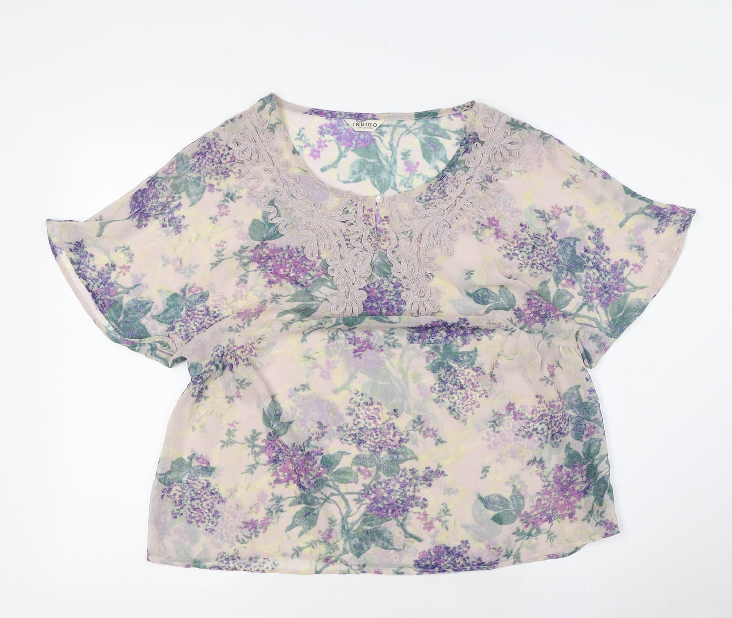 Marks and Spencer Womens Beige Floral Polyester Basic Button-Up Size 12 Scoop Neck - Sheer