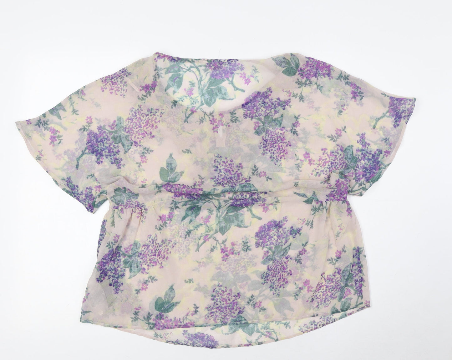 Marks and Spencer Womens Beige Floral Polyester Basic Button-Up Size 12 Scoop Neck - Sheer
