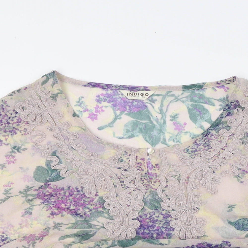 Marks and Spencer Womens Beige Floral Polyester Basic Button-Up Size 12 Scoop Neck - Sheer