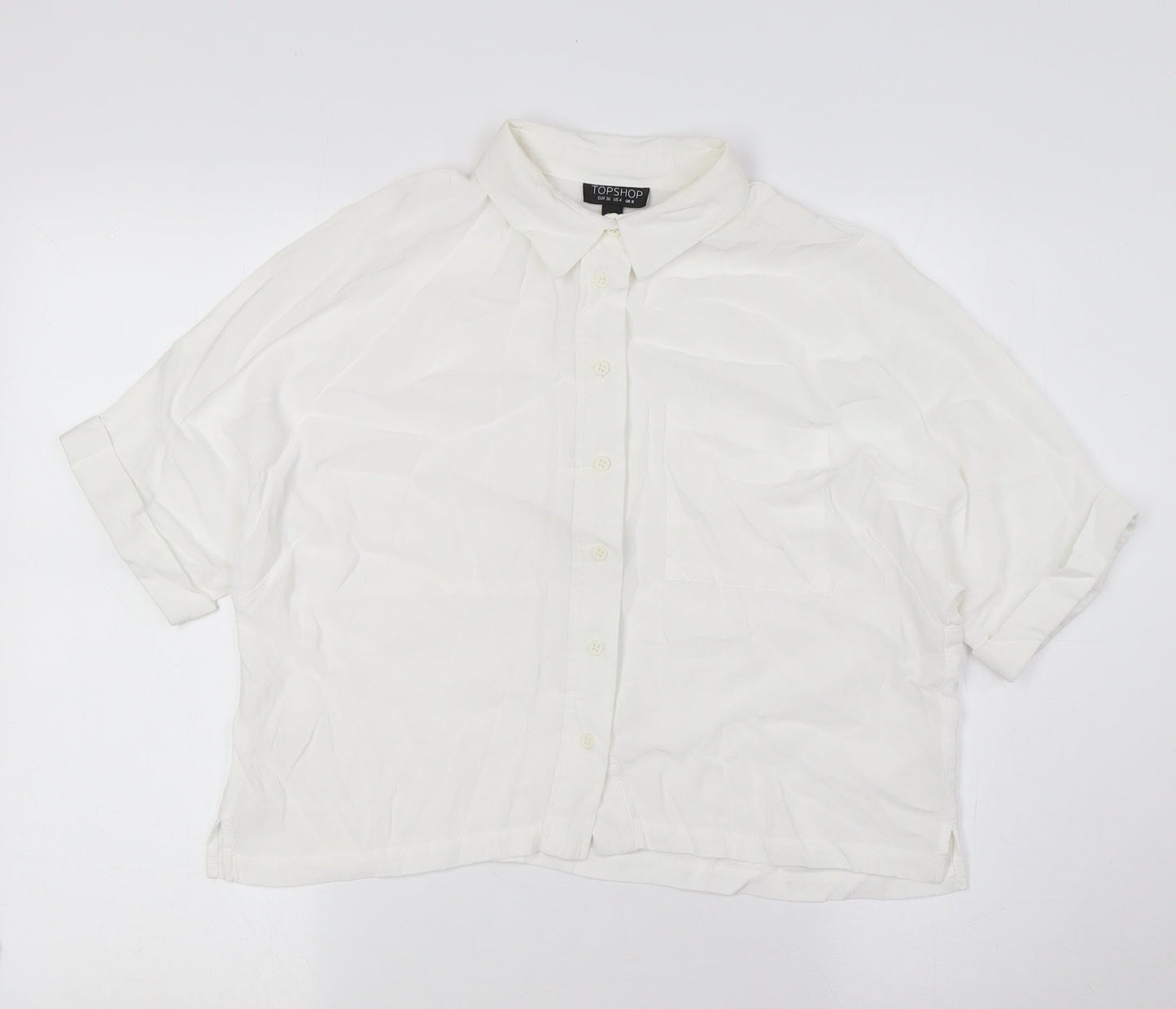 Topshop Womens White Polyester Basic Button-Up Size 8 Collared - Pocket