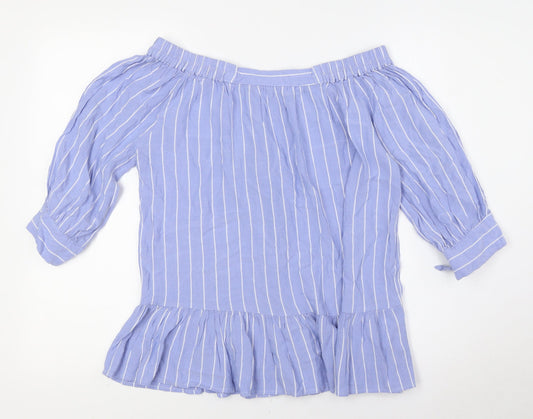 Saint Tropez Womens Blue Striped Viscose Basic Button-Up Size M Off the Shoulder