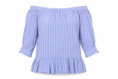 Saint Tropez Womens Blue Striped Viscose Basic Button-Up Size M Off the Shoulder