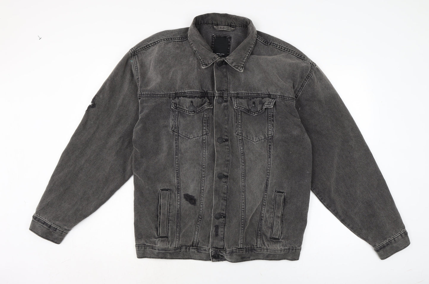 New Look Mens Grey Biker Coatigan Size M Button - Distressed