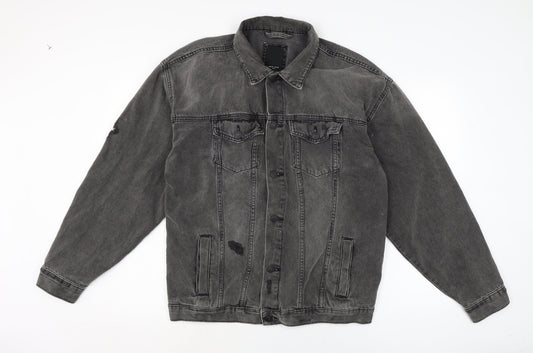 New Look Mens Grey Biker Coatigan Size M Button - Distressed