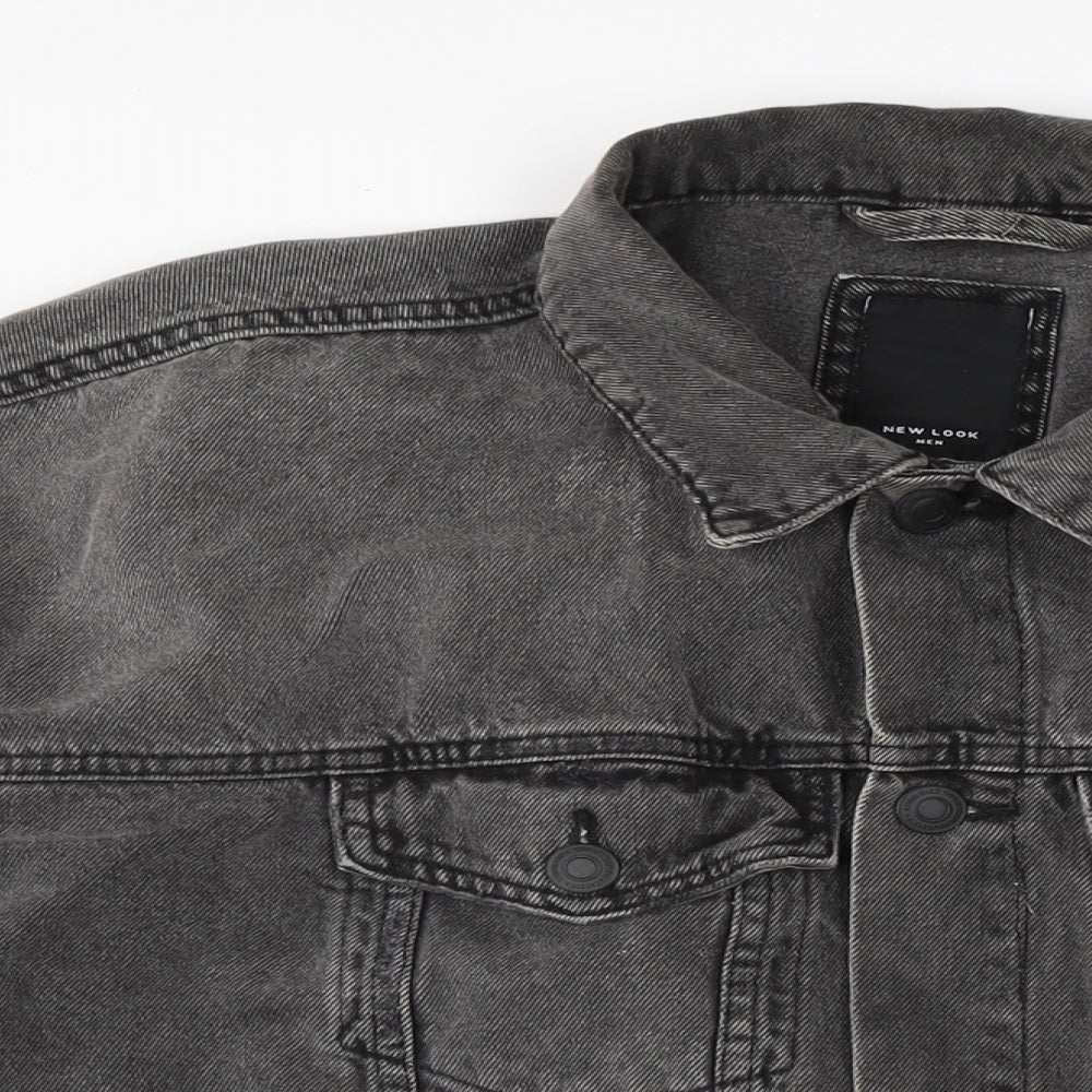 New Look Mens Grey Biker Coatigan Size M Button - Distressed