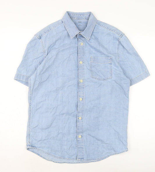 Marks and Spencer Mens Blue Cotton Button-Up Size M Collared Button