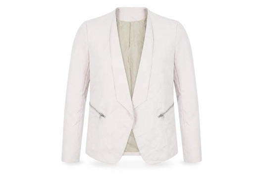 Front view of Missguided women’s beige jacket blazer, size UK 8, - open