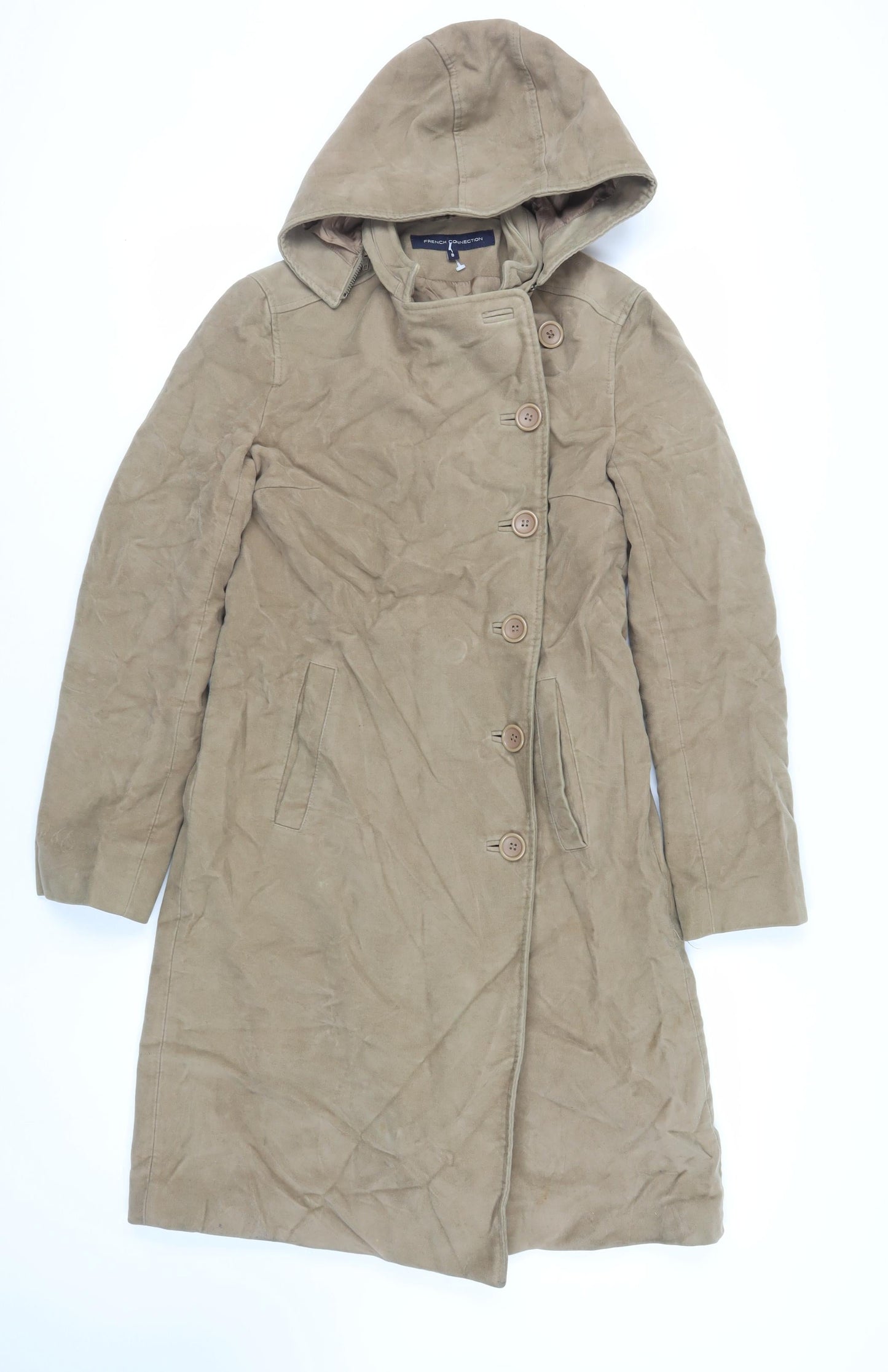 French Connection Womens Beige Overcoat Coat Size 8 Button - Suede Effect