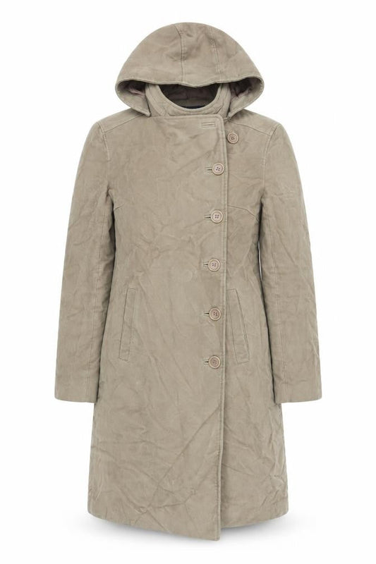 Front view of French Connection women’s beige overcoat coat, size UK 8, button - suede effect