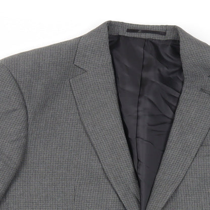 Close-up detail of ASOS men’s grey plaid polyester jacket suit jacket, size 40, regular