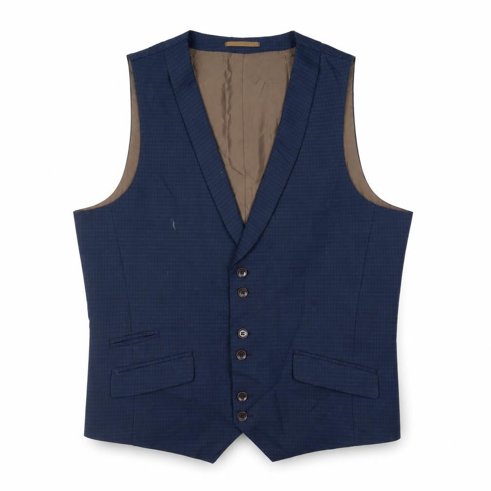 Fellini Mens Blue Plaid Polyester Jacket Suit Waistcoat Size 46 Regular