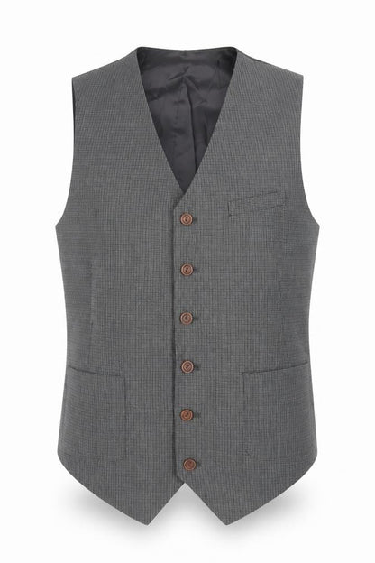 Front view of ASOS men’s grey plaid polyester jacket suit waistcoat, size 40, regular