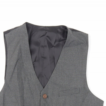 Close-up detail of ASOS men’s grey plaid polyester jacket suit waistcoat, size 40, regular