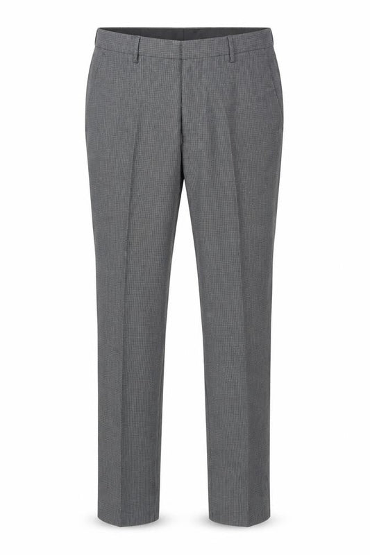 Front view of ASOS men’s grey plaid polyester dress pants trousers, size 32, in, 32-inch leg regular zip