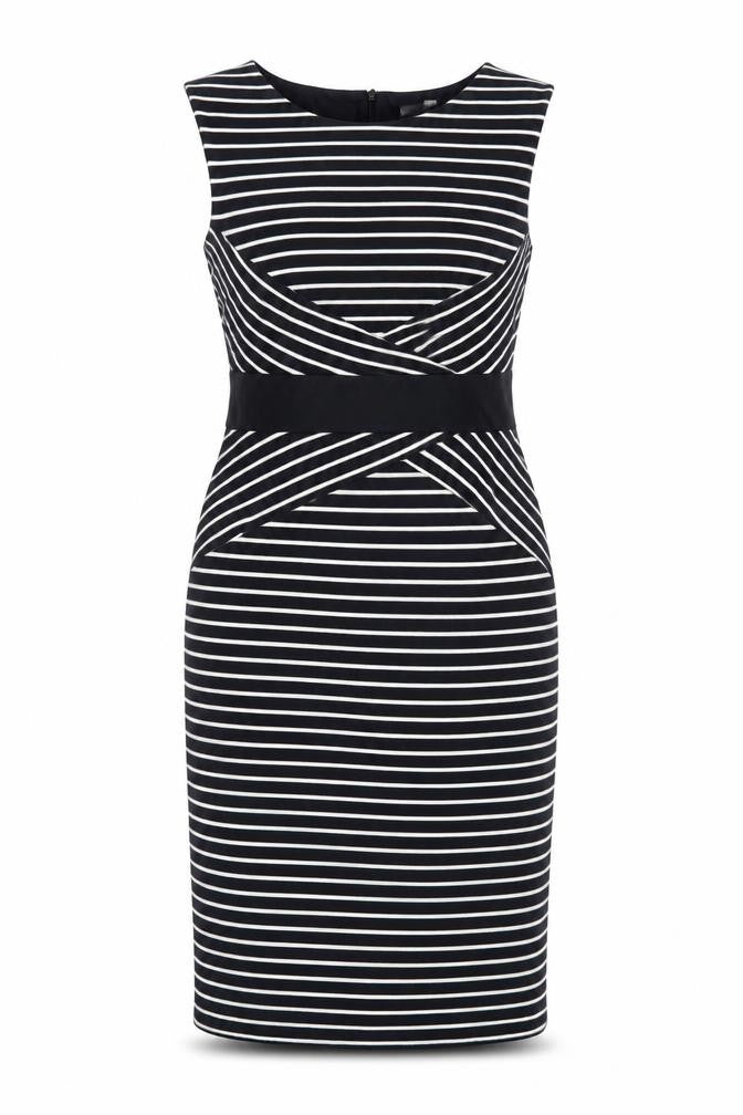 Marks & Spencer Womens Blue Striped Acrylic Pencil Dress Size 12 Boat Neck Zip - Lined