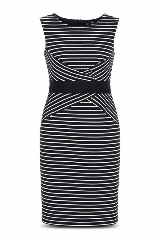 Marks & Spencer Womens Blue Striped Acrylic Pencil Dress Size 12 Boat Neck Zip - Lined