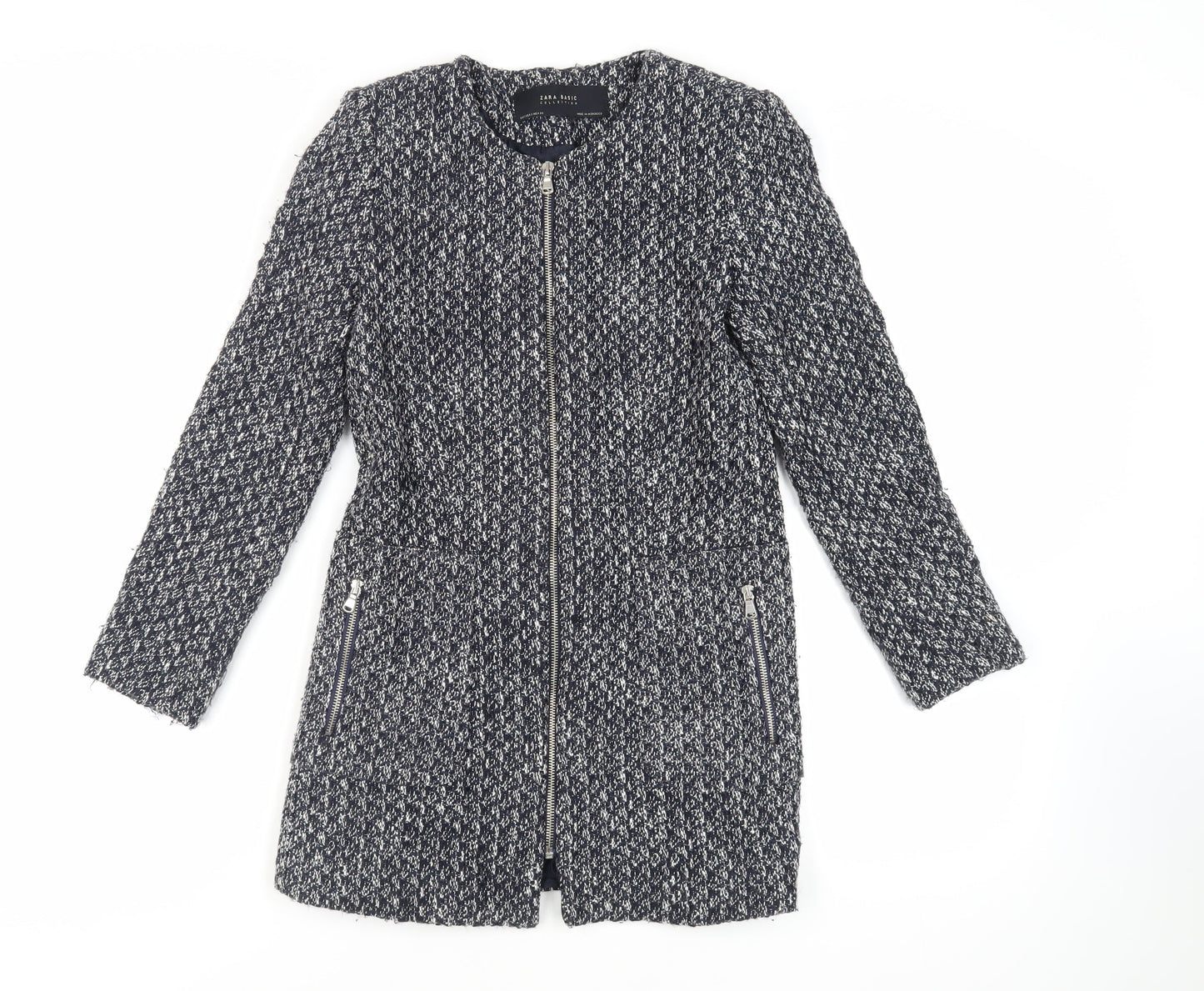 Zara Womens Blue Geometric Overcoat Coat Size S Zip
