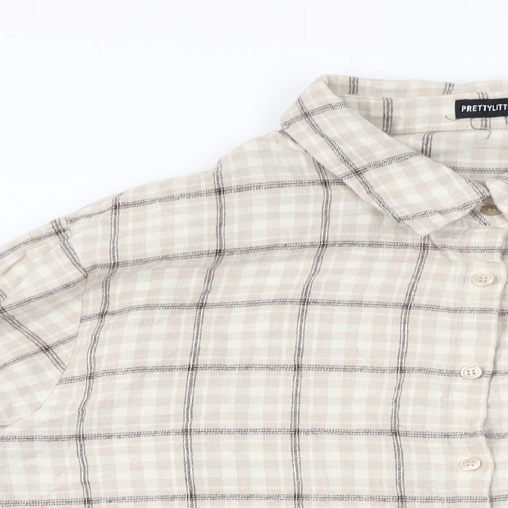 PRETTYLITTLETHING Womens Beige Geometric Cotton Basic Button-Up Size 14 Collared