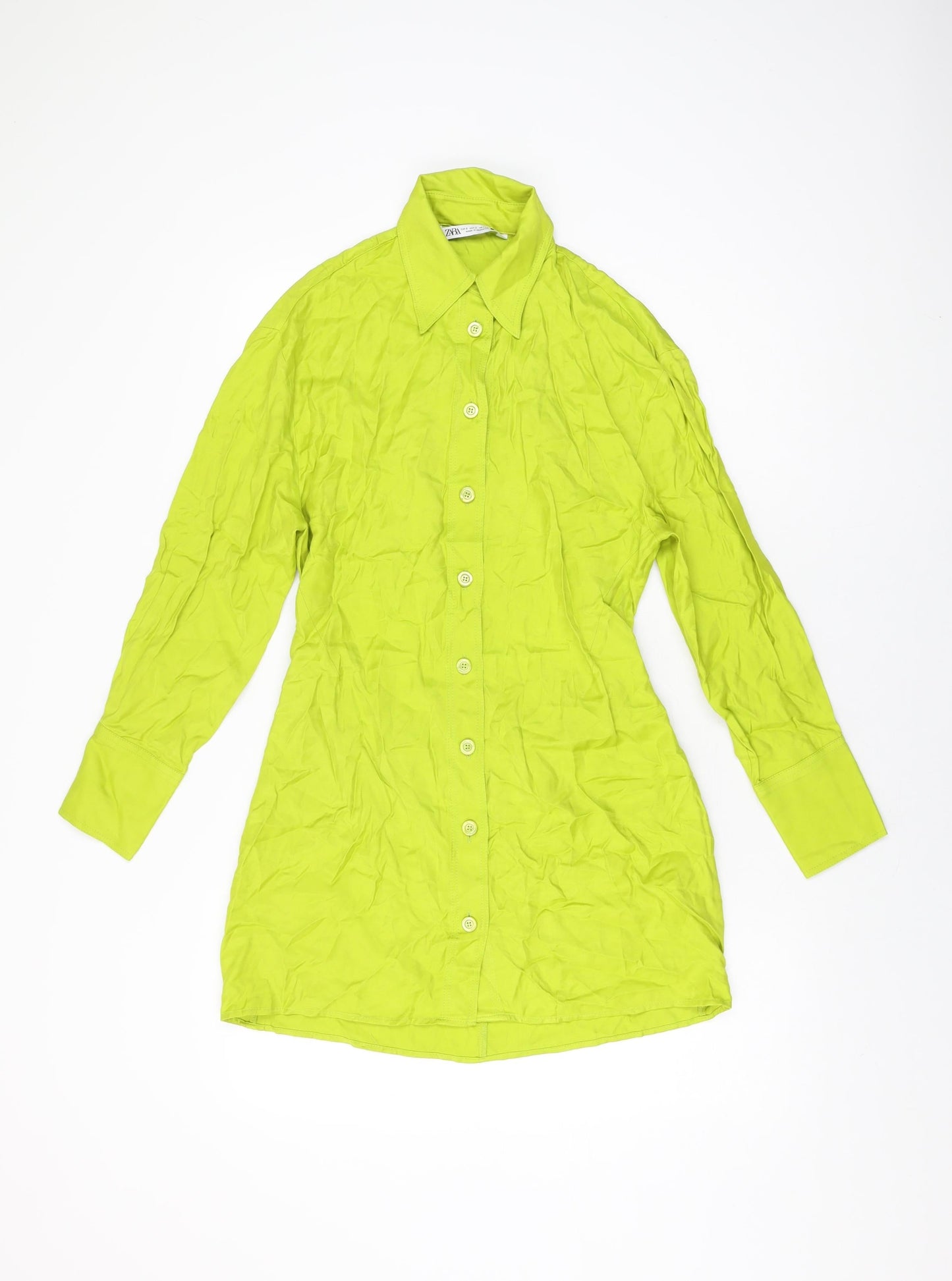 Zara Womens Green Viscose Shirt Dress Size S Collared Button