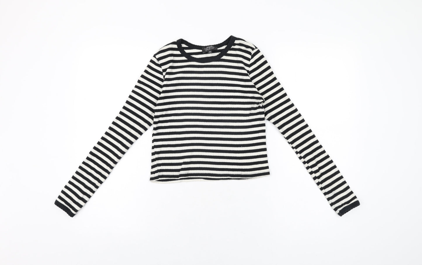 Topshop Womens White Striped Cotton Basic T-Shirt Size 10 Round Neck