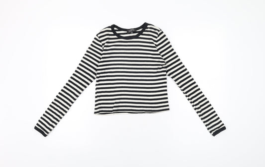 Topshop Womens White Striped Cotton Basic T-Shirt Size 10 Round Neck