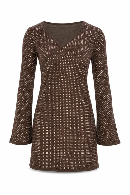 Front view of ASOS women’s brown polyester mini, size UK 12, v-neck pullover