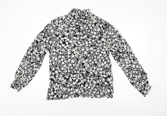 John Lewis Womens Black Floral Viscose Basic Button-Up Size 12 Round Neck