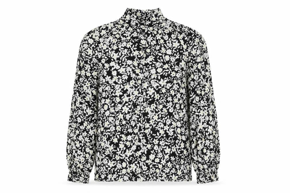 John Lewis Womens Black Floral Viscose Basic Button-Up Size 12 Round Neck