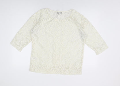 Next Womens Ivory Geometric Polyester Basic T-Shirt Size 12 Round Neck