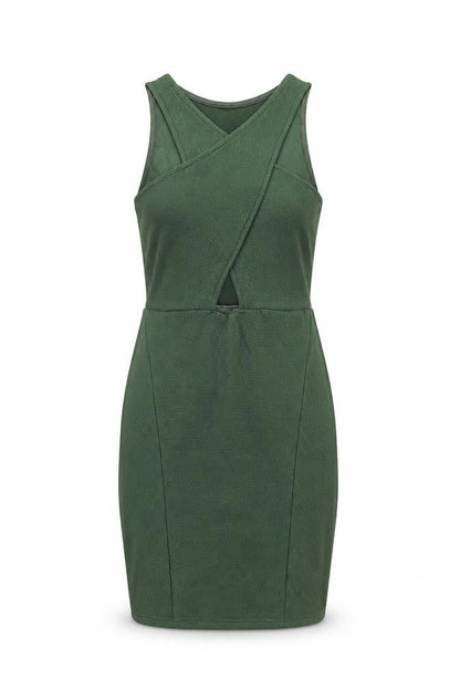 Front view of Miss Selfridge women’s green polyester bodycon, size UK 8, v-neck pullover