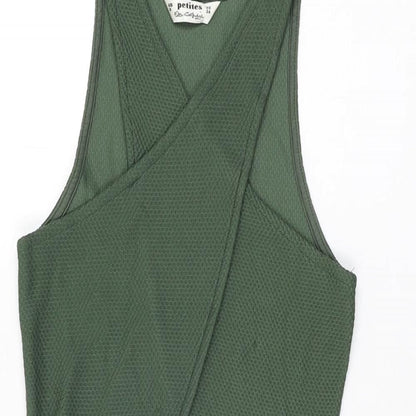 Close-up detail of Miss Selfridge women’s green polyester bodycon, size UK 8, v-neck pullover