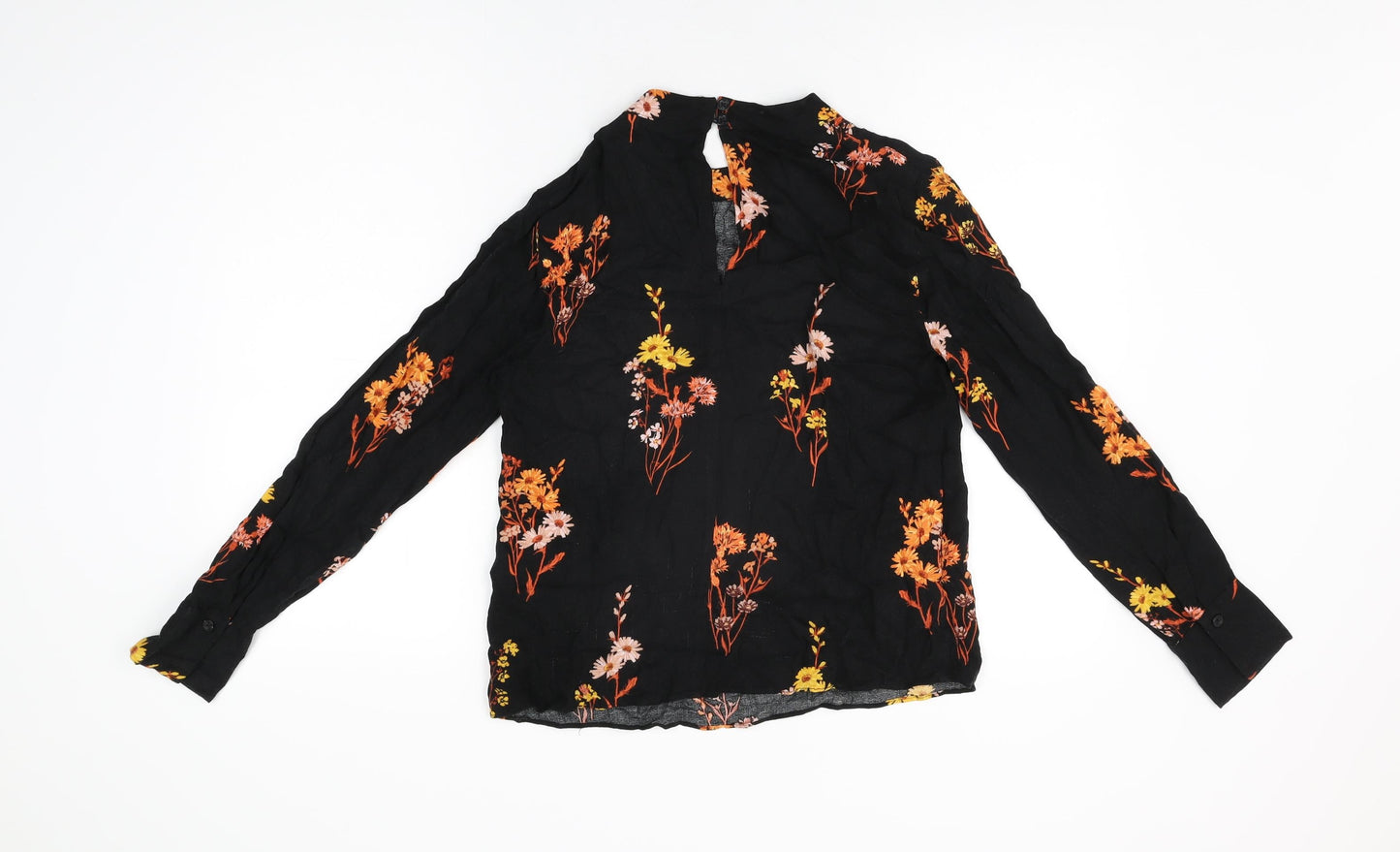 Warehouse Womens Black Floral Viscose Basic T-Shirt Size 10 Round Neck