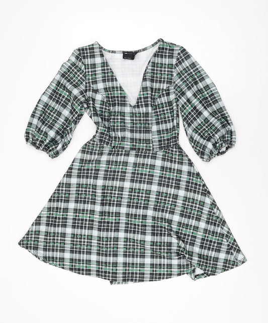ASOS Womens Green Geometric Polyester Skater Dress Size 8 V-Neck Pullover