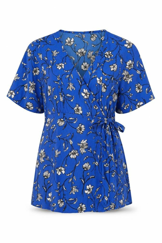 Mama-licious Womens Blue Floral Polyester Wrap T-Shirt Size S V-Neck