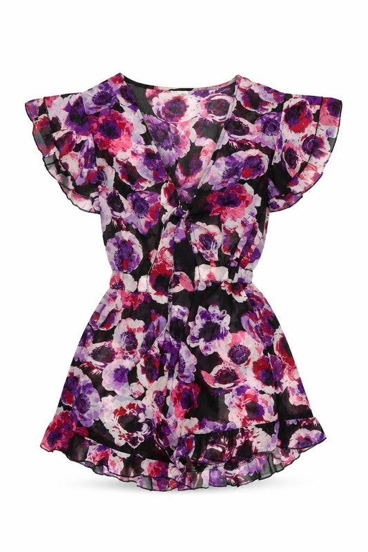Front view of ASOS women’s black floral polyester playsuit one-piece, size UK 8, tie